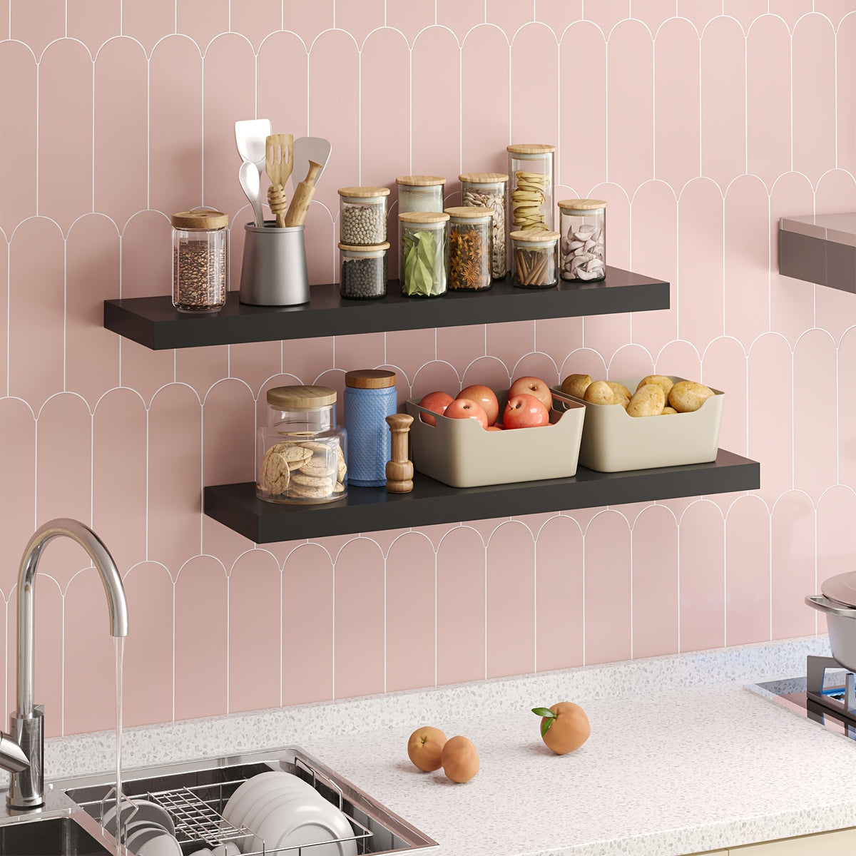 Floating Shelves Wall Mounted Wood – Set of 2, 4 or 6, 15.7” / 19.7” / 22”, Heavy Duty 30 lb Capacity, Wooden Wall Shelf for Living Room, Kitchen, Bathroom & Bedroom, Brown Black White Walnut Gray