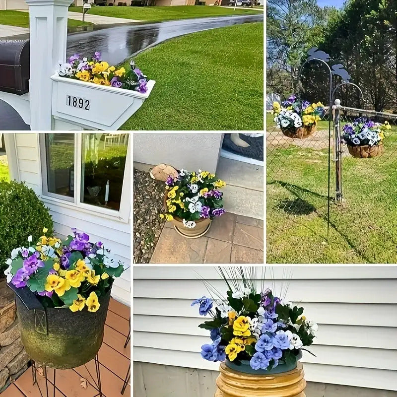 Artificial Pansy Flowers 6 Bunches Realistic Plastic Blooms for Indoor Outdoor Home Garden Decor, Weather-Resistant Faux Flowers Yellow Purple White Colorful Display, Low Maintenance Floral Arrangement