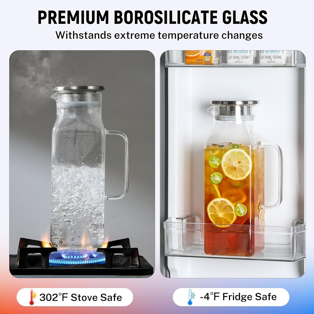 Glass Pitcher with Lid & Handle 68oz – Borosilicate Water Jug for Fridge, Iced Tea, Coffee Carafe & Cold Drinks, Heat Resistant, 304 Stainless Steel Lid, 1 or 2 Pack