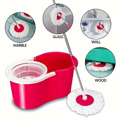 360° Spin Mop and Bucket Set – Wet & Dust Floor Mop for Home with 2 Mop Heads Included Self-Wringing Spinning Mop for Hardwood Tile Laminate & Vinyl Floor Cleaning in Blue or Red