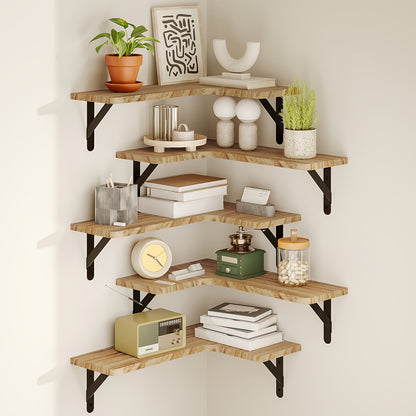 Corner Floating Shelves Rustic Wood 5 or 6 Piece Wall Mounted Heavy Duty Space Saving Storage Shelf for Bathroom Kitchen Bedroom Living Room, Easy Install 8 Colors