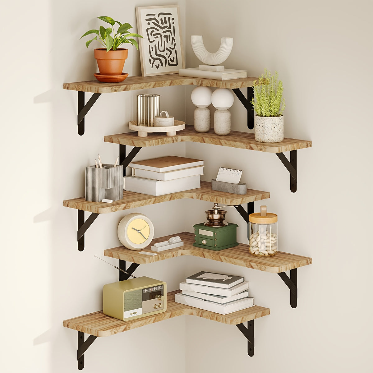 Corner Floating Shelves Rustic Wood 5 or 6 Piece Wall Mounted Heavy Duty Space Saving Storage Shelf for Bathroom Kitchen Bedroom Living Room, Easy Install 8 Colors