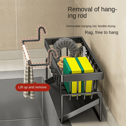 Sink Sponge Holder Drain Rack with Dishcloth Holder & Soap Dispenser Caddy, Kitchen Sink Organizer for Sponge Brush Mop Scrubber, Black Plastic Countertop Storage Rack