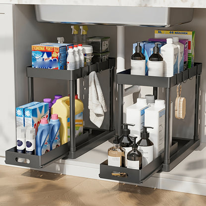 Under Sink Organizer 2 Pack – Double Tier Sliding Storage Basket with 8 Hooks, Adjustable Cabinet Organizer for Kitchen Bathroom Under Sink Storage, Moonlight White Matt Black Light Gray