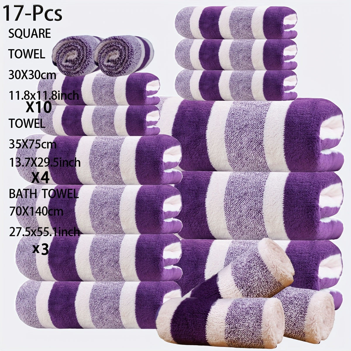 17 Pcs Bath Towel Set Quick-Dry Highly Absorbent Soft Coral Fleece Towels - Multi-Size Family Bathroom Towels with Hanging Loops for Home Hotel Spa, Plush & Durable, Navy Striped Design