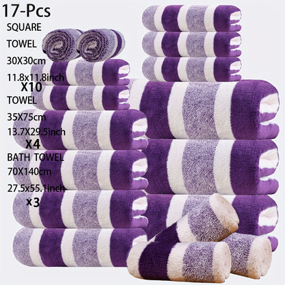 17 Pcs Bath Towel Set Quick-Dry Highly Absorbent Soft Coral Fleece Towels - Multi-Size Family Bathroom Towels with Hanging Loops for Home Hotel Spa, Plush & Durable, Navy Striped Design