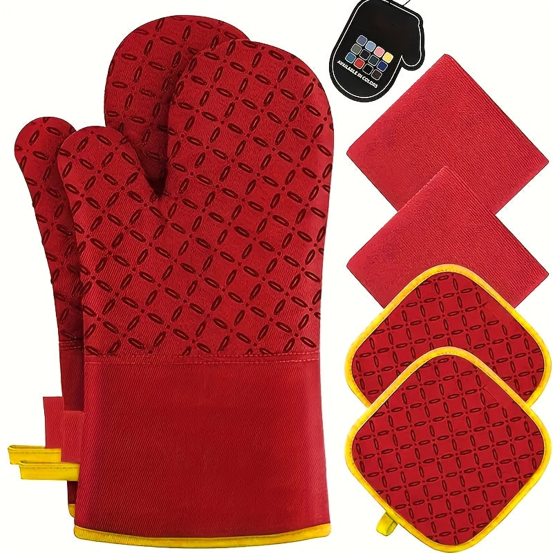 Oven Mitts and Pot Holders Set 6 Piece Heat Resistant Kitchen Gloves with Non-Slip Surface for Cooking Baking BBQ Grilling Multiple Colors Gray Black Green Blue Red Pink