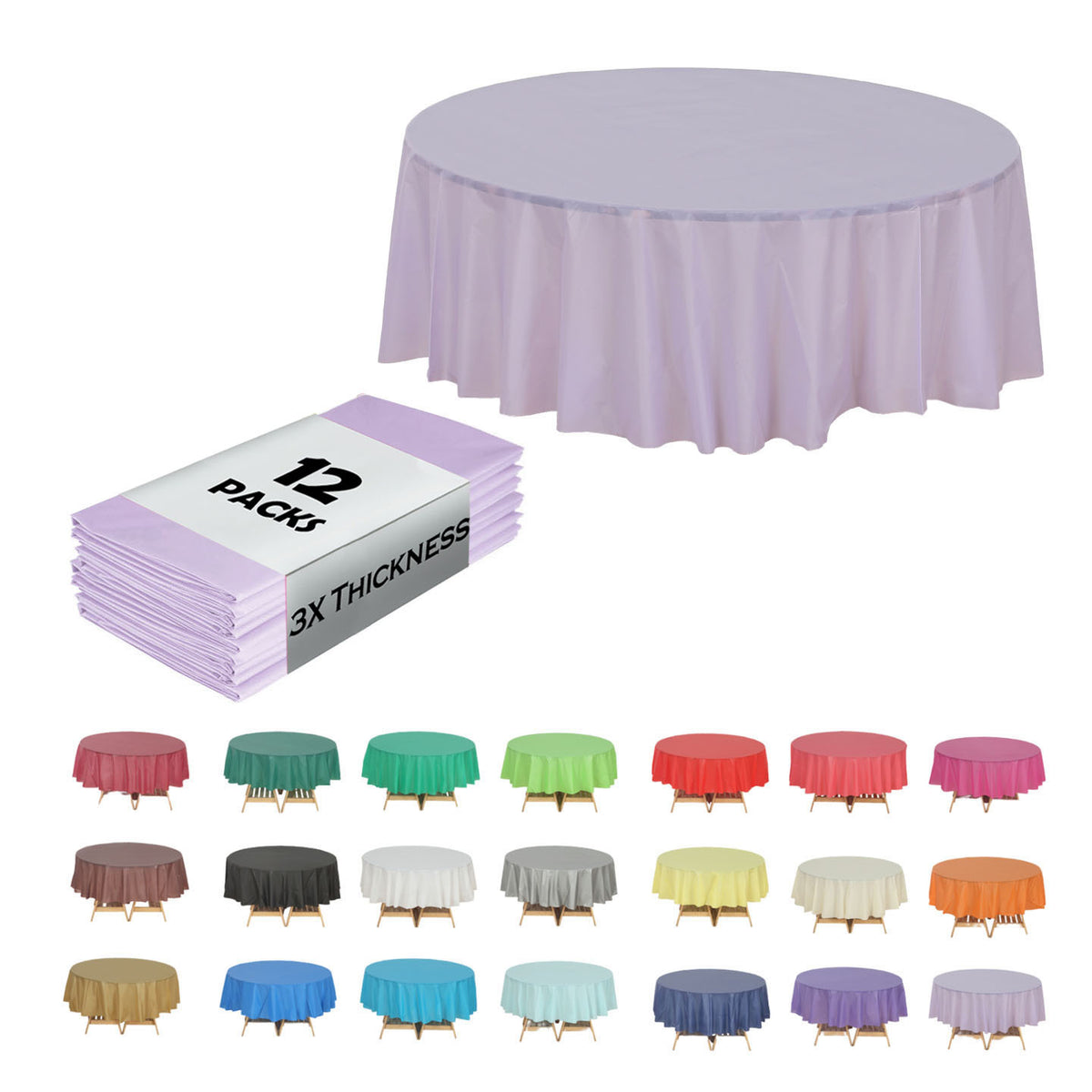 Disposable Plastic Tablecloth 12-Pack – Heavy Duty Table Cover for Parties, 84" Round & 54"x108" Rectangle, 22 Colors for Kitchen Dining Outdoor Events