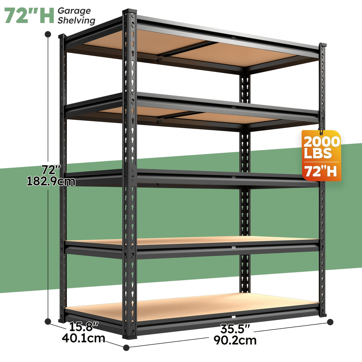 Heavy Duty Metal Shelving Unit 5-Tier 72"H 2000LBS Garage Storage Shelf 35.5"W x 72"H x 15.8"D – Adjustable Steel Wire Rack for Garage Basement Pantry Kitchen Utility, No Bolts Easy Assembly