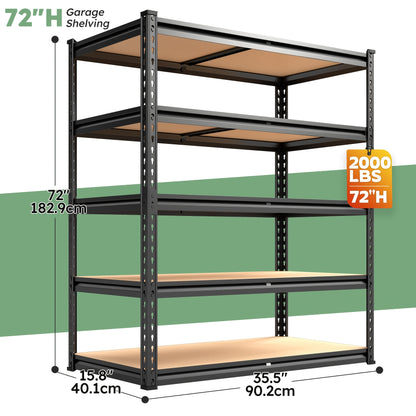 Heavy Duty Metal Shelving Unit 5-Tier 72"H 2000LBS Garage Storage Shelf 35.5"W x 72"H x 15.8"D – Adjustable Steel Wire Rack for Garage Basement Pantry Kitchen Utility, No Bolts Easy Assembly