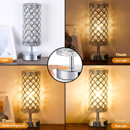 Crystal Table Lamp with Touch Control & 2 USB Ports – 3-Way Dimmable Bedside Nightstand Light for Bedroom, Living Room & Office, LED Bulb Included