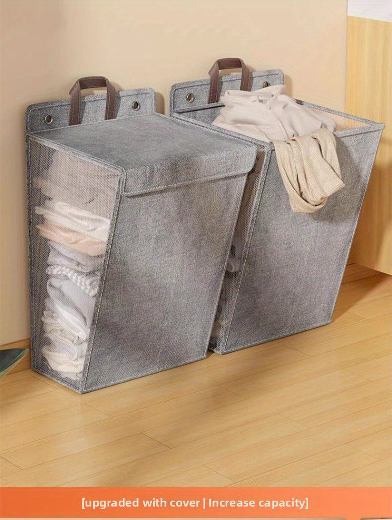 Foldable Wall Mounted Laundry Hamper Oxford Cloth with Lid Space Saving Collapsible Clothes Storage Basket Bedroom Bathroom Living Room Large 22x15 Inch Gray