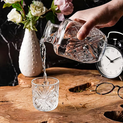 Glass Carafe Bedside Water Set with Cup - Modern Transparent Quartz Glass Kettle & Mouthwash Decanter for Bedroom Nightstand, Night Drink Pitcher, Valentine's Day Home Gift, Ice Pattern & Sunflower