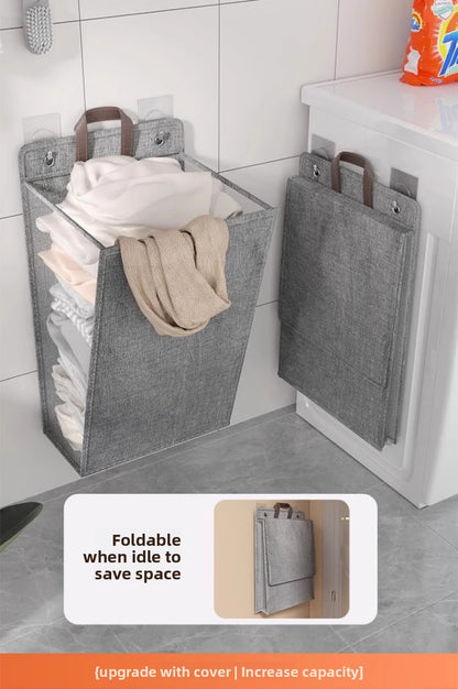 Foldable Wall Mounted Laundry Hamper Oxford Cloth with Lid Space Saving Collapsible Clothes Storage Basket Bedroom Bathroom Living Room Large 22x15 Inch Gray