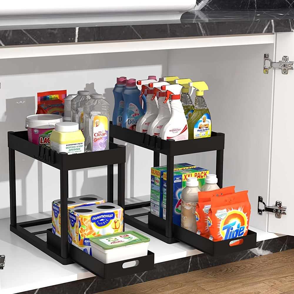 Under Sink Organizer Set of 2 – Dual Tier Sliding Basket Drawers with 8 Hooks, Bathroom Cabinet Storage Solution for Under Counter Organization, Black White Gray