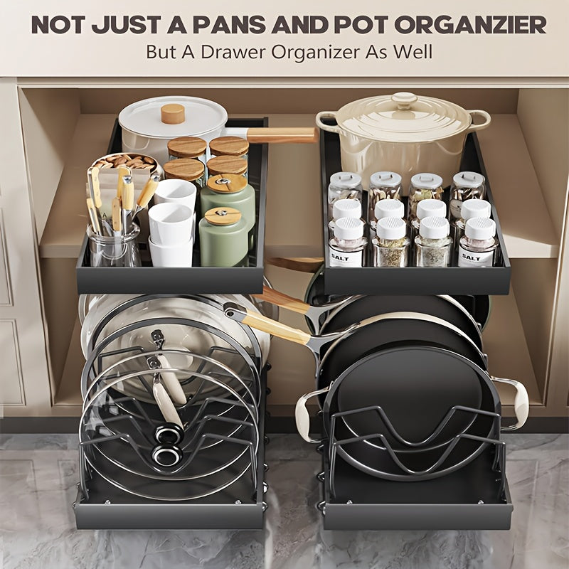 Pull Out Cabinet Organizer Set of 2 - Slide Out Pot and Pan Organizer for Under Cabinet, Pot Lid Holder Rack with 8 Adjustable Dividers, Drill-Free Kitchen Cabinet Cookware Storage Shelf, Black