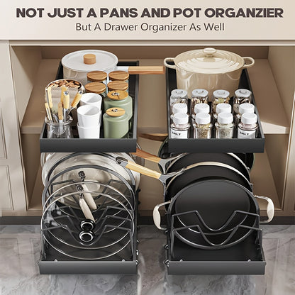 Pull Out Cabinet Organizer Set of 2 - Slide Out Pot and Pan Organizer for Under Cabinet, Pot Lid Holder Rack with 8 Adjustable Dividers, Drill-Free Kitchen Cabinet Cookware Storage Shelf, Black