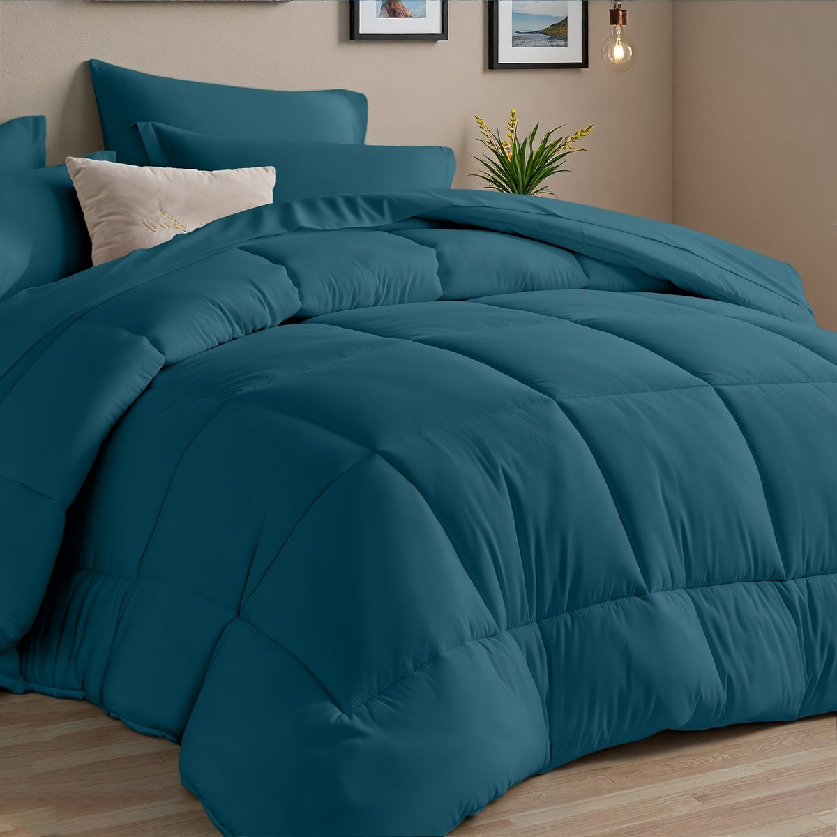 Comforter Set 5/7 Piece Checkered Pattern Bed in a Bag – Ultra Soft Breathable Fluffy Fiber Fill All Season Bedding Set with Comforter Flat Sheet Fitted Sheet Pillowcases, Twin Full Queen King 17 Colors