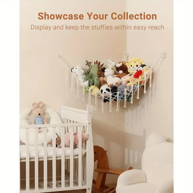 Stuffed Animal Hammock with LED Lights Corner Toy Net Organizer for Kids Bedroom Nursery Plush Toy Storage Hanging Mesh Bag