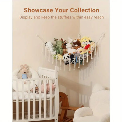 Stuffed Animal Hammock with LED Lights Corner Toy Net Organizer for Kids Bedroom Nursery Plush Toy Storage Hanging Mesh Bag
