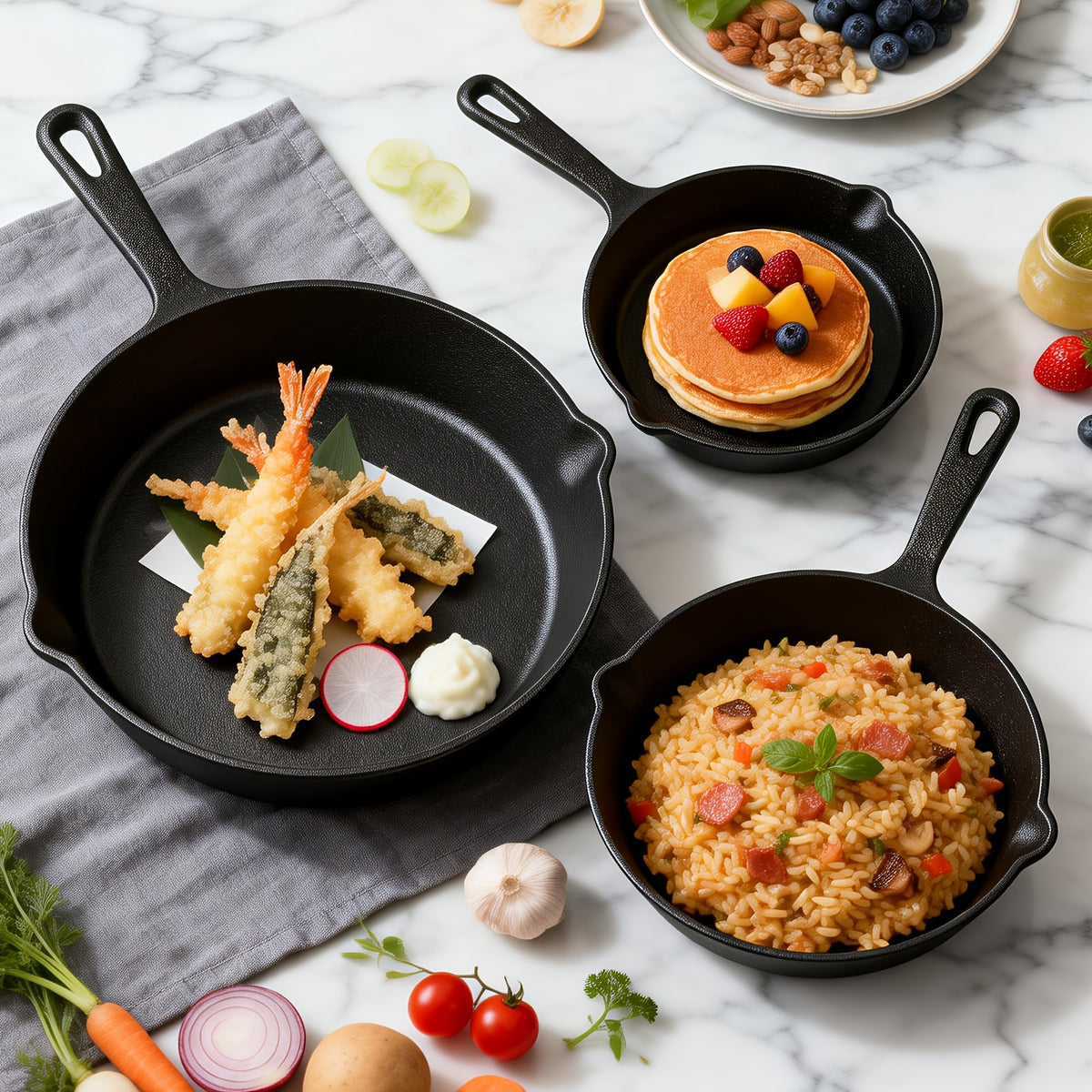 Cast Iron Skillet Set 3 Piece 6 8 10 Inch, Heavy-Duty Sand Cast Iron Pan Set Non-Stick Oven Grill Campfire Safe, Even Heat Distribution Rustic Cookware for Steak Cornbread Baking Stir-Fry, Heirloom-Grade Kitchen Essentials