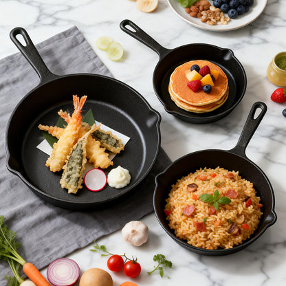 Cast Iron Skillet Set 3 Piece 6 8 10 Inch, Heavy-Duty Sand Cast Iron Pan Set Non-Stick Oven Grill Campfire Safe, Even Heat Distribution Rustic Cookware for Steak Cornbread Baking Stir-Fry, Heirloom-Grade Kitchen Essentials