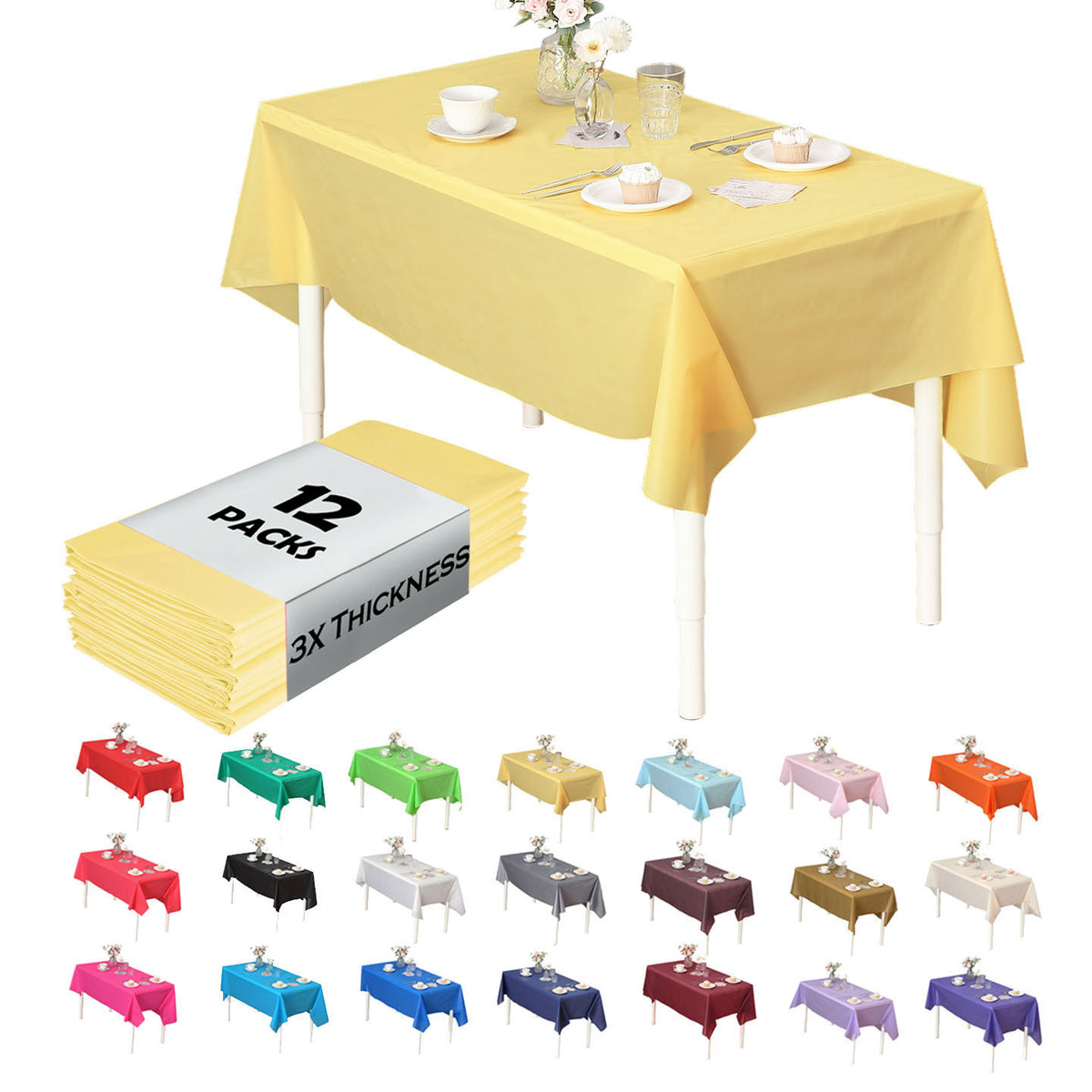Disposable Plastic Tablecloth 12-Pack – Heavy Duty Table Cover for Parties, 84" Round & 54"x108" Rectangle, 22 Colors for Kitchen Dining Outdoor Events