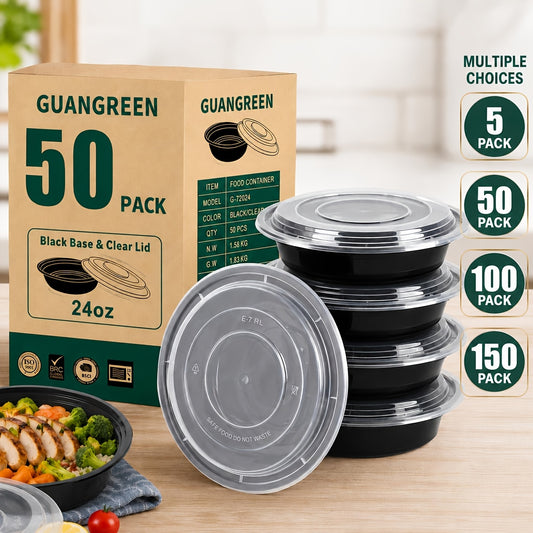 24oz Meal Prep Bowls with Lids Disposable Bento Food Containers – Stackable BPA-Free Microwave Freezer Dishwasher Safe, 50/100/150 Pack Black White