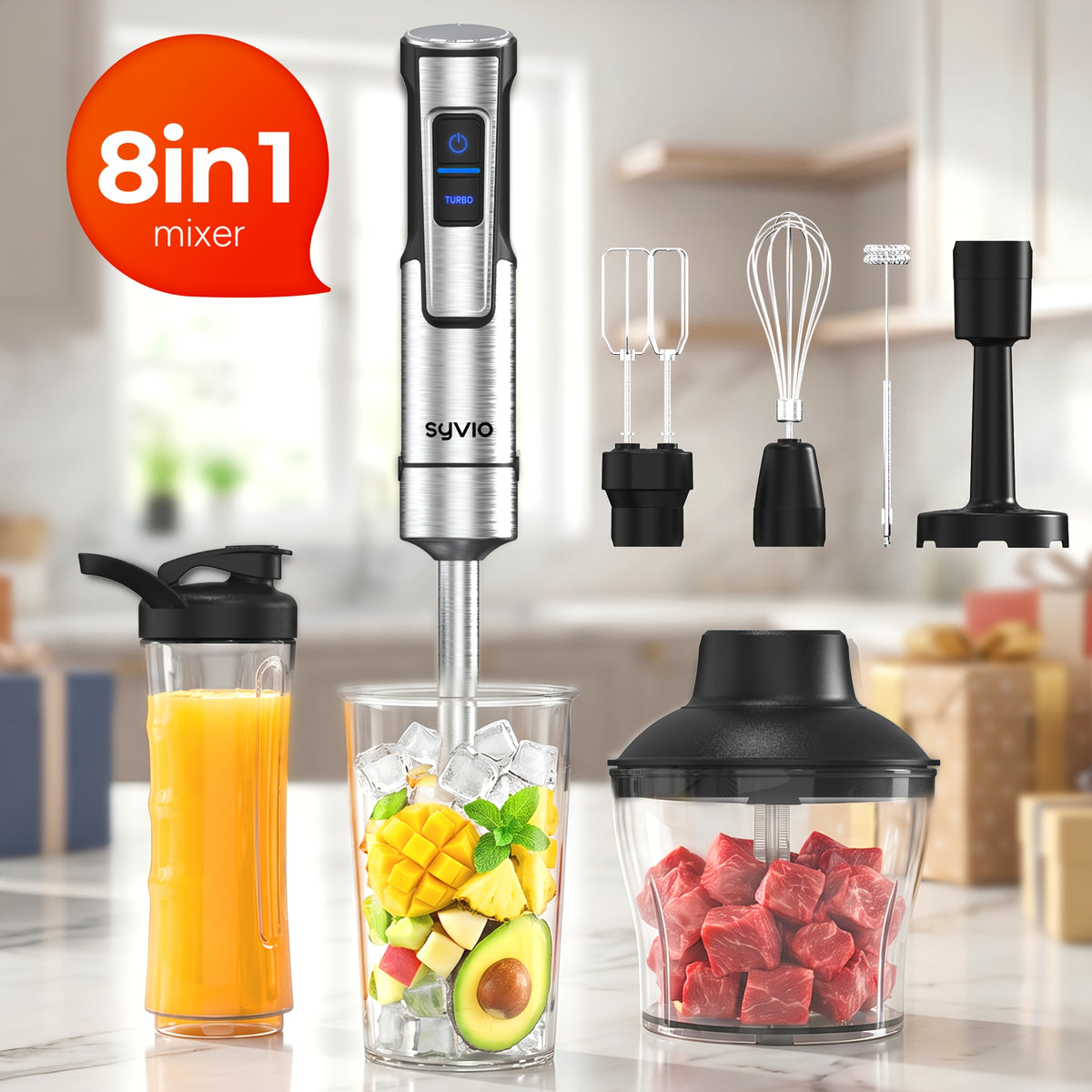 1000W Immersion Blender 8-In-1, Heavy Duty Handheld Blender with Stainless Steel Shaft, 15-Speed Modes, Meat Chopper - 8 Piece Kitchen Set