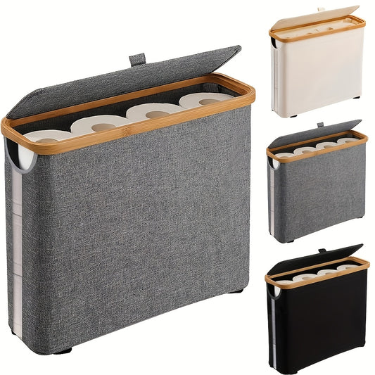 Bamboo Toilet Paper Holder Storage Basket with Lid – Holds 9 Rolls, Modern Minimalist Bathroom Organizer with Optional Tissue Holder, Black White Gray Beige Pink
