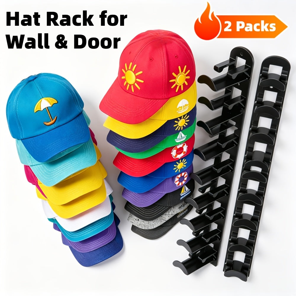 Hat Rack for Baseball Caps Wall Mounted 2 Pack – Multilayer Adhesive or Drill Mount Hat Organizer Holds Up to 20 Hats, Durable Plastic Hat Hooks for Closet Door Bedroom Wall, Black or White Hat Storage