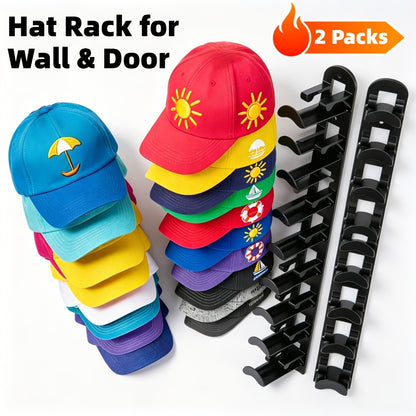 Hat Rack for Baseball Caps Wall Mounted 2 Pack – Multilayer Adhesive or Drill Mount Hat Organizer Holds Up to 20 Hats, Durable Plastic Hat Hooks for Closet Door Bedroom Wall, Black or White Hat Storage