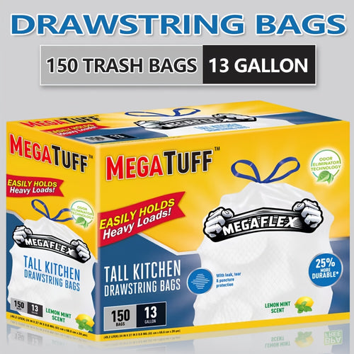 13 Gallon Trash Bags Drawstring – Odor Control Kitchen Garbage Bags with Lemon Mint Scent, Puncture & Tear Resistant, 33/78/150 Count Bulk Value Pack