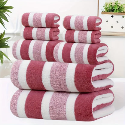 Bath Towel Set 8 Piece - Super Absorbent Soft Two-Color Striped Bathroom Towels, 2 Bath Towels 2 Face Towels 4 Hand Towels, No Hair Loss, Grey Red Blue Green