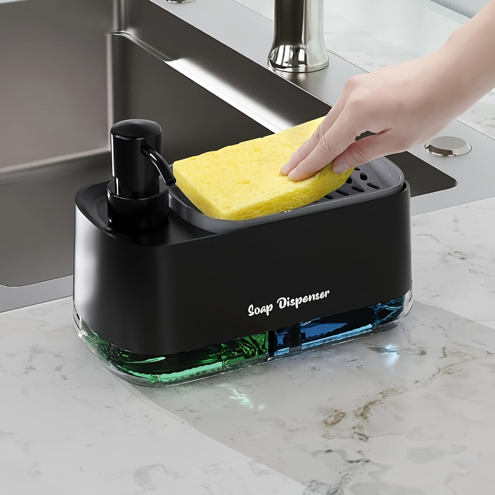 Soap Dispenser with Built-In Sponge Holder, Leak-Proof Battery-Free Pump, Space-Saving Countertop Organizer for Kitchen & Bathroom, Hygienic Hands-Free Design, Durable Rectangular Dispenser