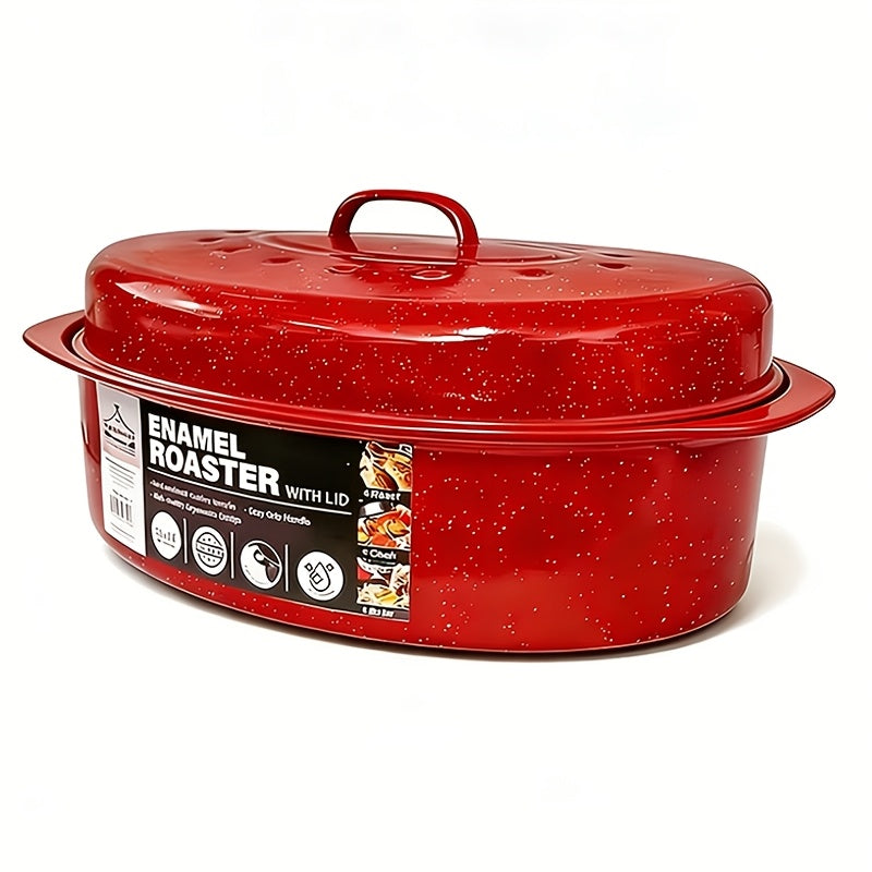 Granite Enamel Roasting Pan with Lid, Nonstick Carbon Steel Turkey Roaster for Oven, Large Bakeware for Chicken Roasting Soup Stew, Available in 13 and 16 Inch in Red Black and Blue