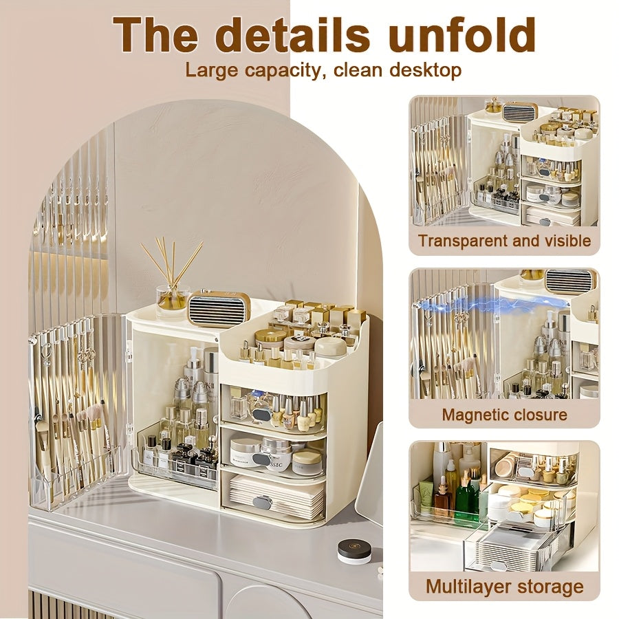 Makeup Storage Box with 3 Drawers & Mirror, High-Capacity Cosmetic Organizer Cabinet for Bathroom Vanity, Contact Lens Display Case Skincare Storage Box for Home Bathroom, Beige