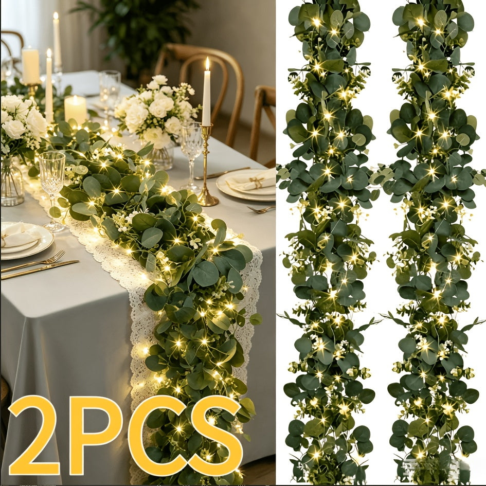 Lighted Eucalyptus Wreath 2-Pack 6FT Artificial Green Vine with LED Lights - Faux Eucalyptus Garland for Table Runner Wedding Centerpiece Backdrop Wall Decor Party Home Decoration Warm White