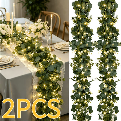 Lighted Eucalyptus Wreath 2-Pack 6FT Artificial Green Vine with LED Lights - Faux Eucalyptus Garland for Table Runner Wedding Centerpiece Backdrop Wall Decor Party Home Decoration Warm White