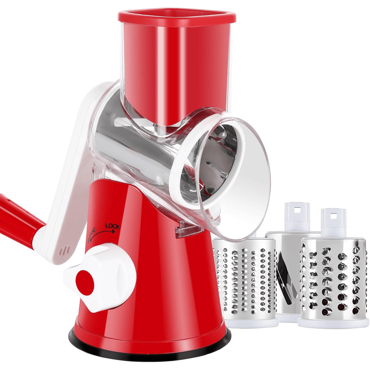 Suction Base Rotary Cheese Grater Hand Crank 3 Stainless Steel Blades BPA Free Touch-Free Shredder for Cheese Vegetables Nuts with Cleaning Brush Multi Color