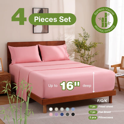 Bamboo Bed Sheet Set 4 Piece - 2000TC Cooling Sheets Deep Pocket 16 Inch, Luxury Soft Hotel Quality Fitted Sheet Flat Sheet Pillowcases, Wrinkle Shrink Resistant, Twin Full Queen King