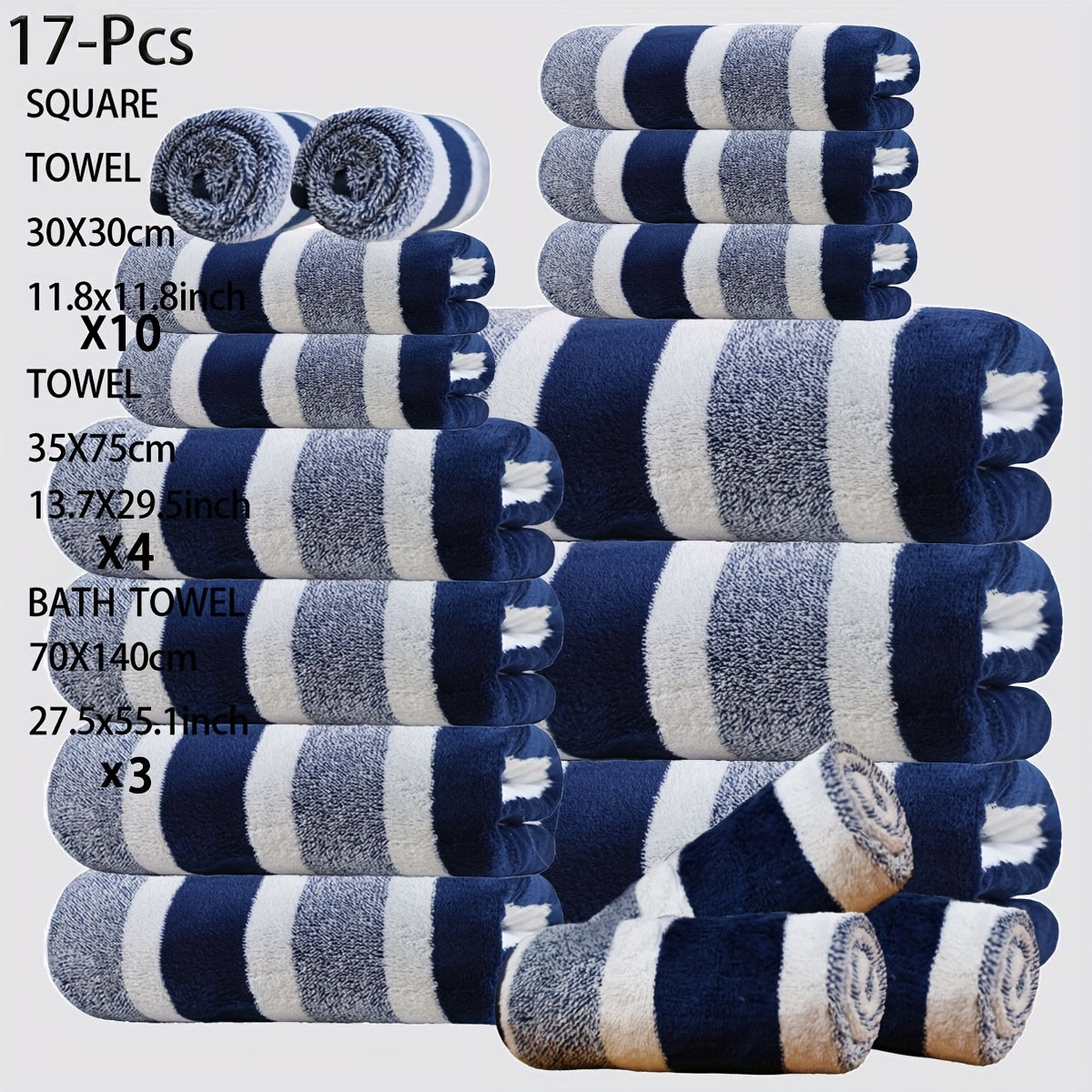 17 Pcs Bath Towel Set Quick-Dry Highly Absorbent Soft Coral Fleece Towels - Multi-Size Family Bathroom Towels with Hanging Loops for Home Hotel Spa, Plush & Durable, Navy Striped Design