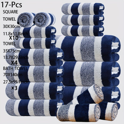 17 Pcs Bath Towel Set Quick-Dry Highly Absorbent Soft Coral Fleece Towels - Multi-Size Family Bathroom Towels with Hanging Loops for Home Hotel Spa, Plush & Durable, Navy Striped Design
