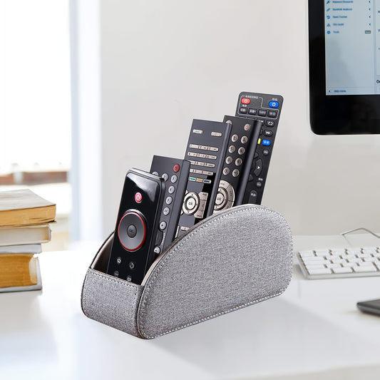 Remote Control Holder 5-Compartment Faux Leather Desktop Organizer – Multifunctional Caddy for Remote Controls, Pens, Eyeglasses & Makeup Brushes, Space-Saving Home & Office Desk Storage Box
