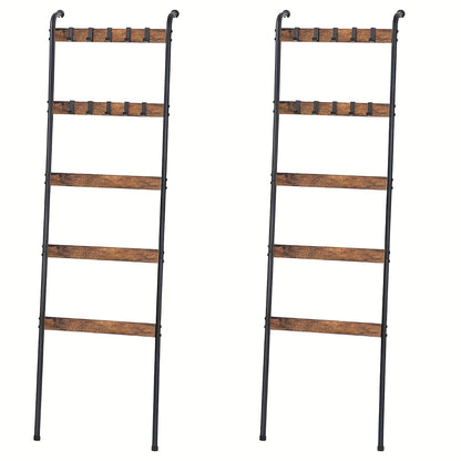 Blanket Ladder 5 Tier Farmhouse Style with 10 Removable Hooks Decorative Wooden Standing Rack for Living Room & Bathroom – Wall Mounted or Freestanding Quilt Towel Throw Storage Holder
