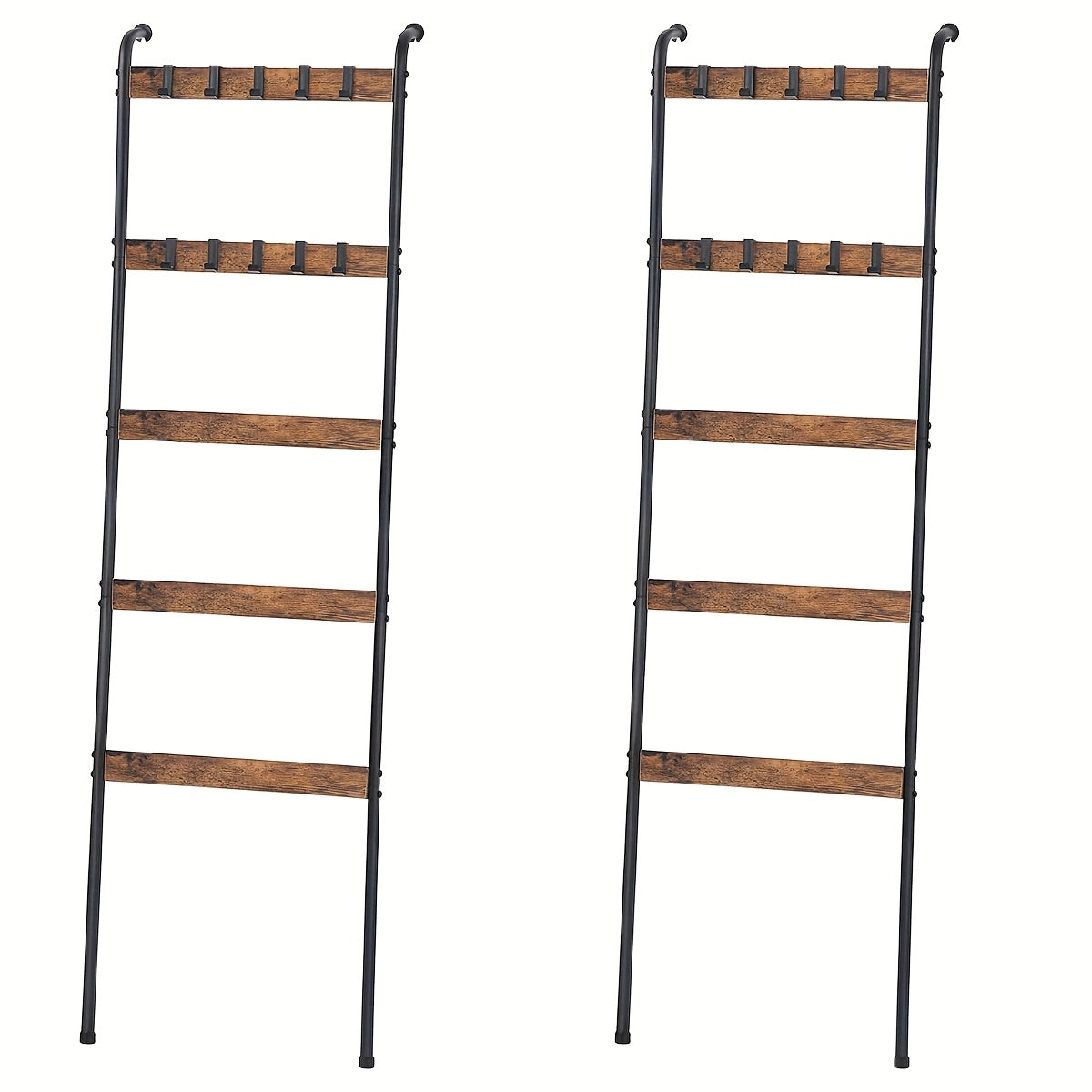 Blanket Ladder 5 Tier Farmhouse Style with 10 Removable Hooks Decorative Wooden Standing Rack for Living Room & Bathroom – Wall Mounted or Freestanding Quilt Towel Throw Storage Holder