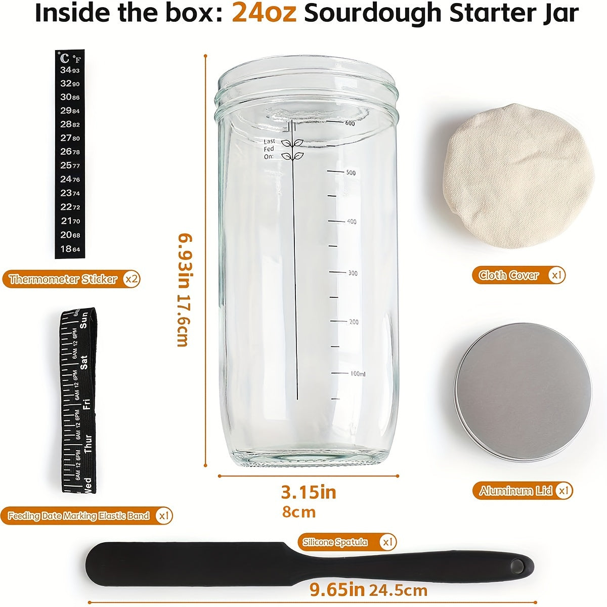 24oz Glass Fermentation Jar Kit with Thermometer, Scraper, Cloth & Aluminum Lid - Bread Baking & Juice Fermentation Set, 1 or 2 Pack