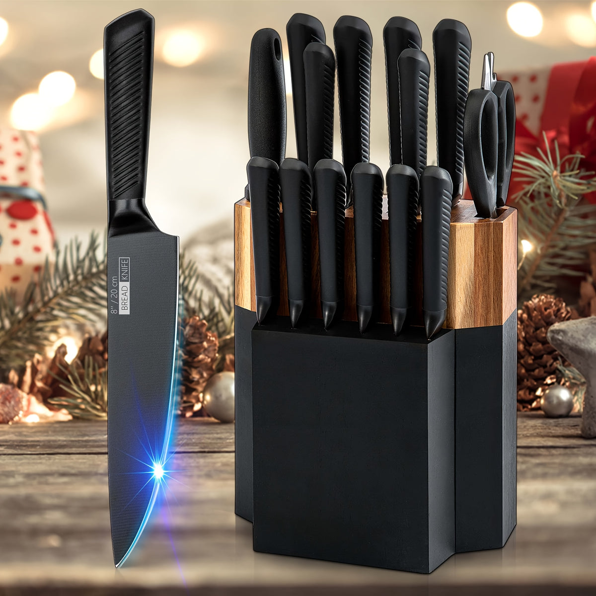 Knife Block Set with Self Sharpener 15pcs Hammered Stainless Steel Chef Knife Set with Wooden Block Steak Knives Self Sharpening Kitchen Knives Gift for Men Family