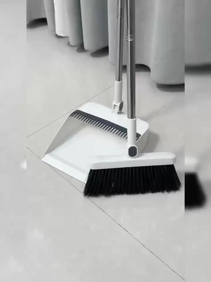 3-in-1 Upright Broom and Dustpan Set with Long Handle, Comb Teeth Dustpan, Garbage Bag Holder – Indoor Outdoor Floor Sweeping Brush Kit for Kitchen Balcony Patio Garage