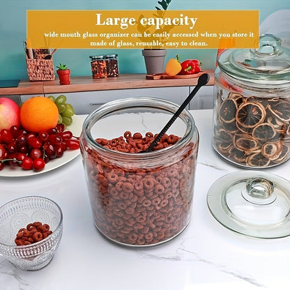 Glass Pantry Jars with Clamshell Lid Set of 2 - Airtight Food Storage Containers for Kitchen Countertop, Includes Spoons, Label Pen & Stickers, Reusable Round Glass Jars for Coffee, Pasta, Candy